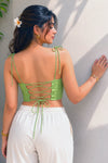 hand-painted green cotton corset top with tie straps