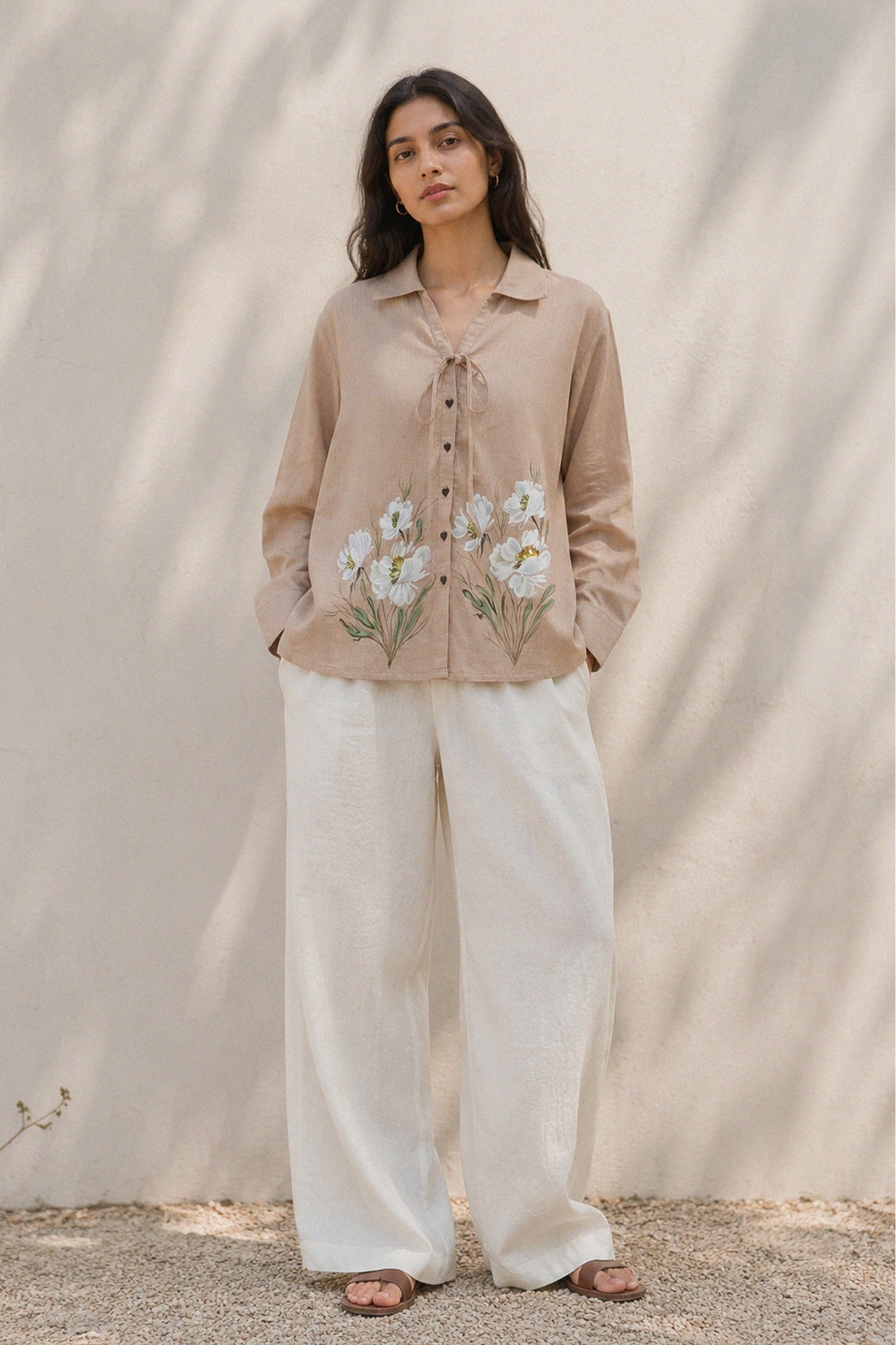 mitti ki khushboo beige linen handpainted shirt 