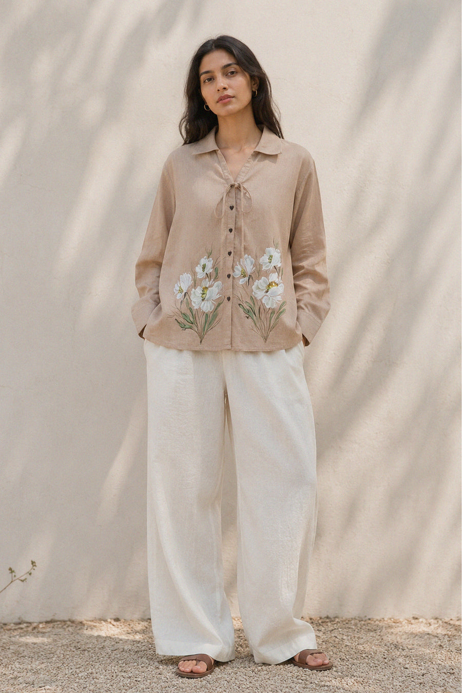 mitti ki khushboo beige linen handpainted shirt 