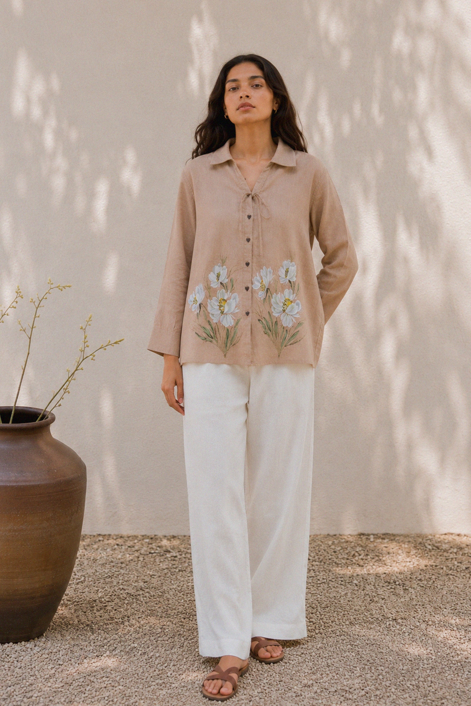 mitti ki khushboo beige linen handpainted shirt 