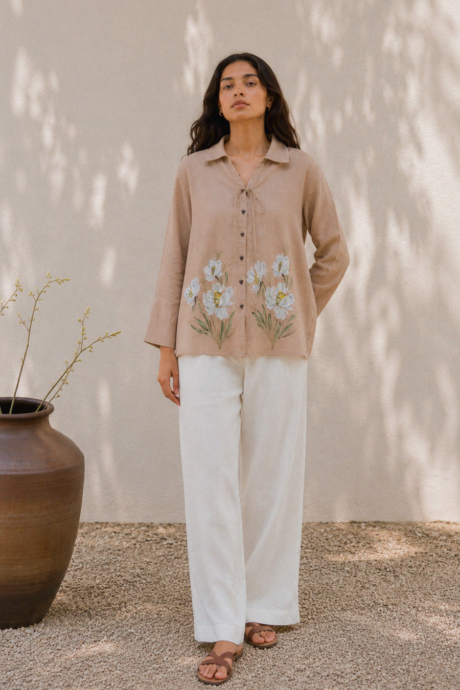 mitti ki khushboo beige linen handpainted shirt 
