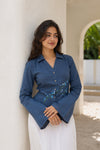 neela aasman blue linen handpainted shirt