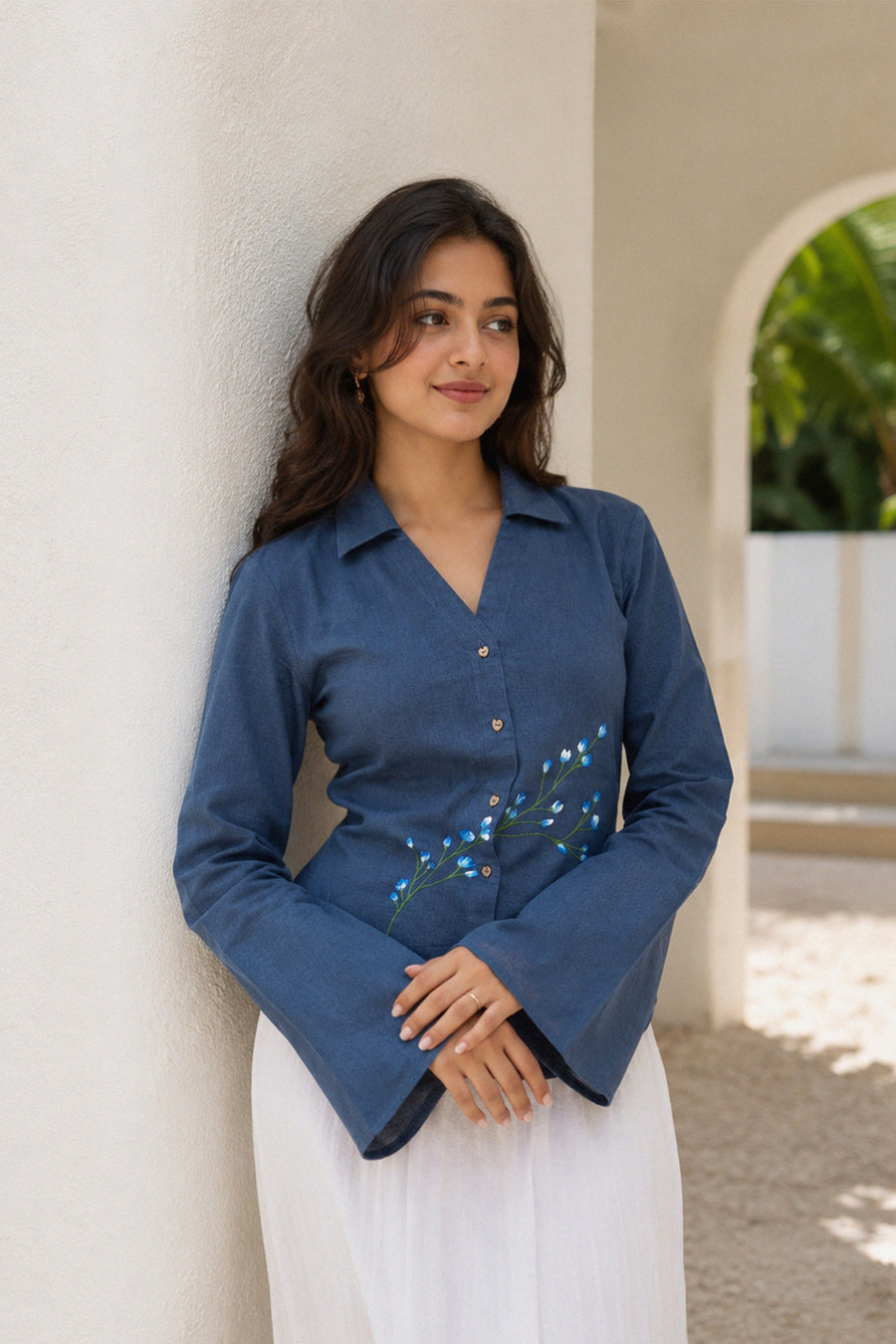 neela aasman blue linen handpainted shirt