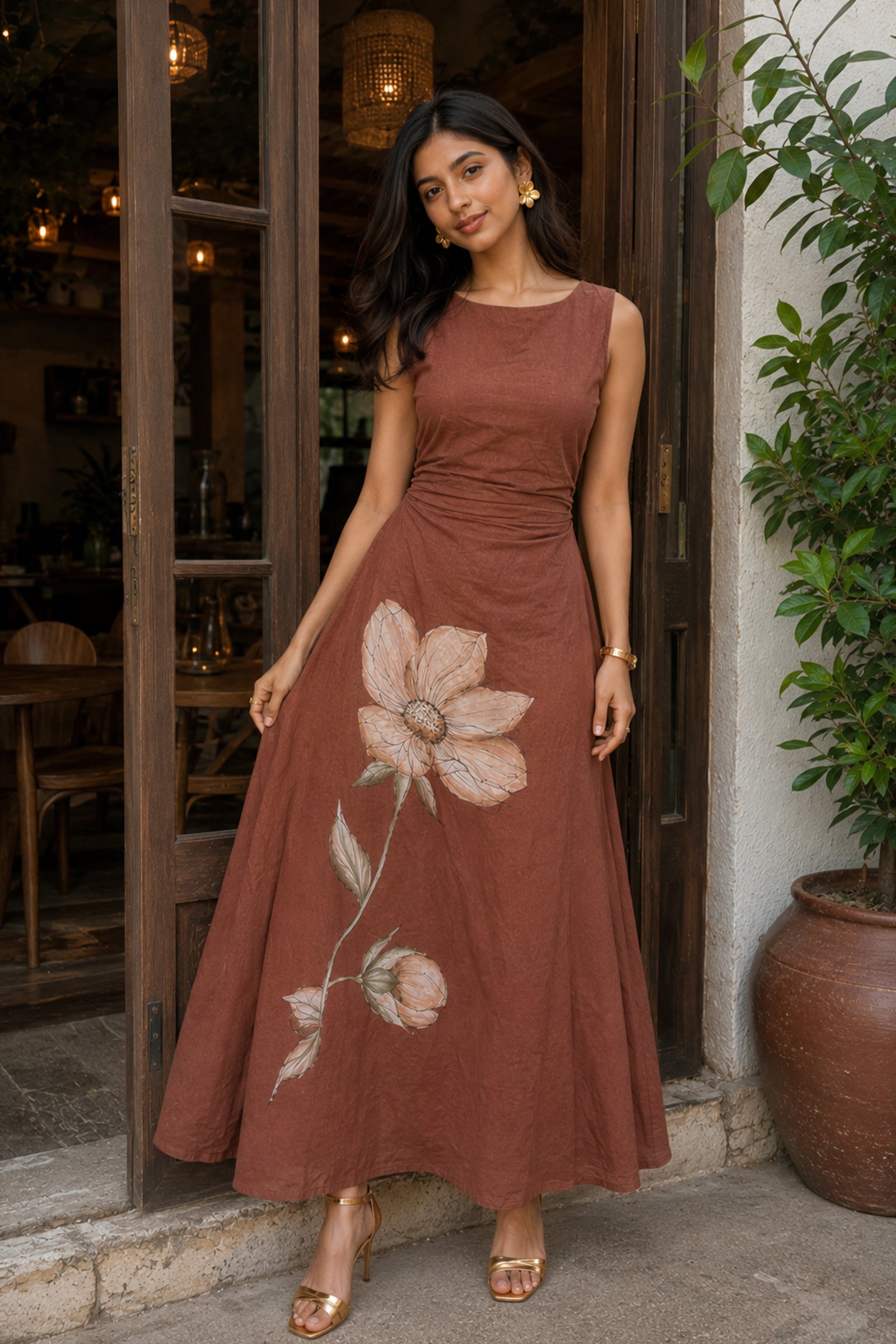 sukoon brown cotton handpainted a line dress