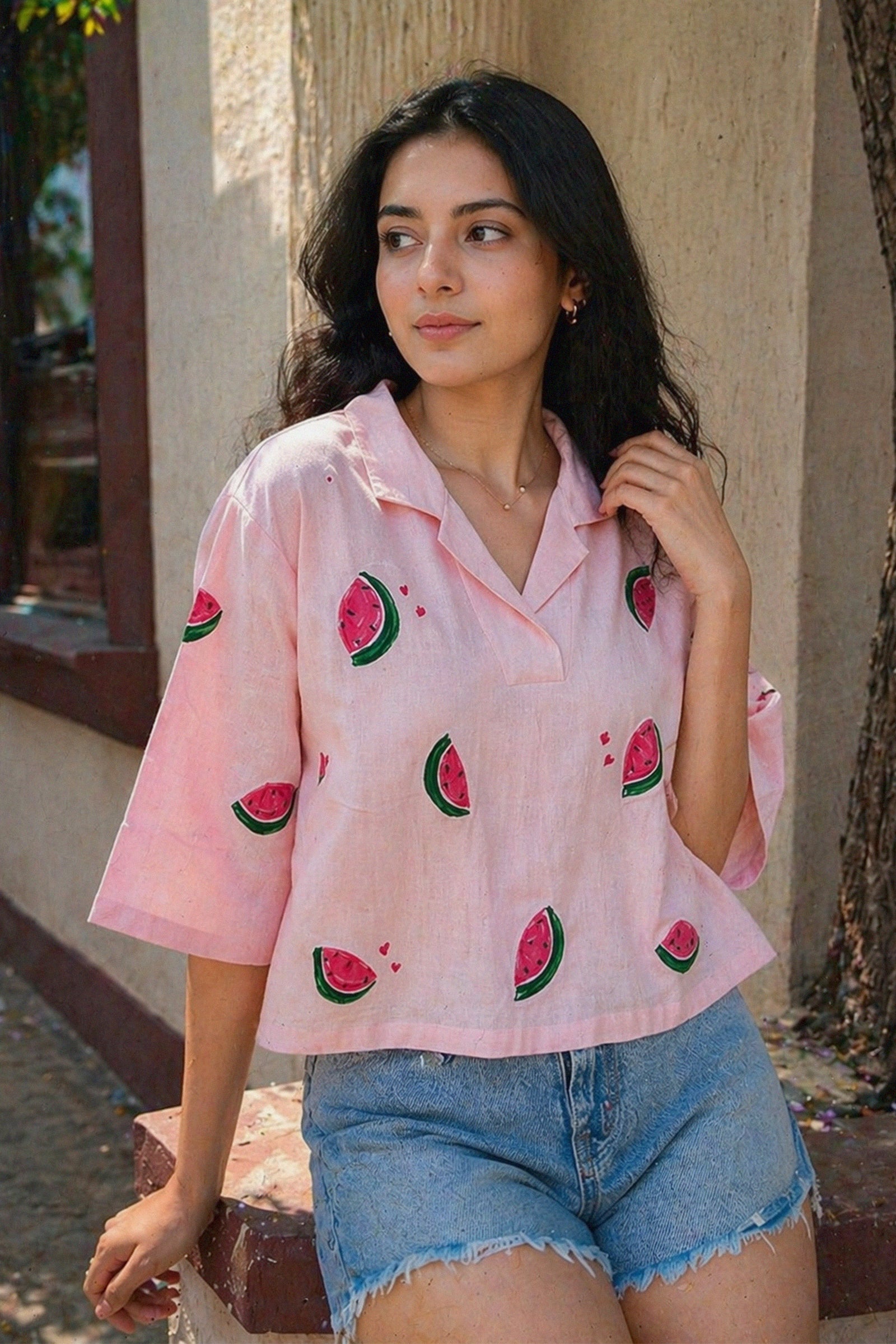 zara hatke pink cotton hand-painted shirt